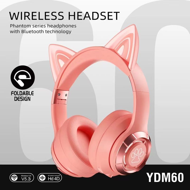 Fone de ouvido bluetooth sem fio montado na cabeça YDM60 orelha de gato luminosa pata de gato dobrável portátil_voghion.com