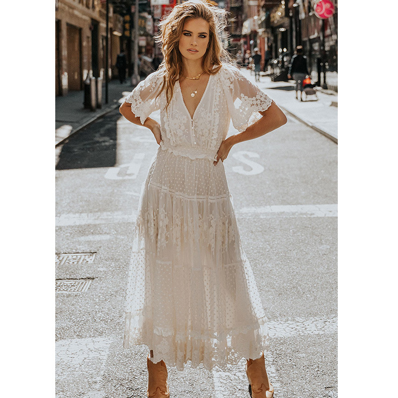 Rochie de vară nouă pentru femei, cu decolteu în V, mânecă scurtă, din dantelă, vara 2022_voghion.com