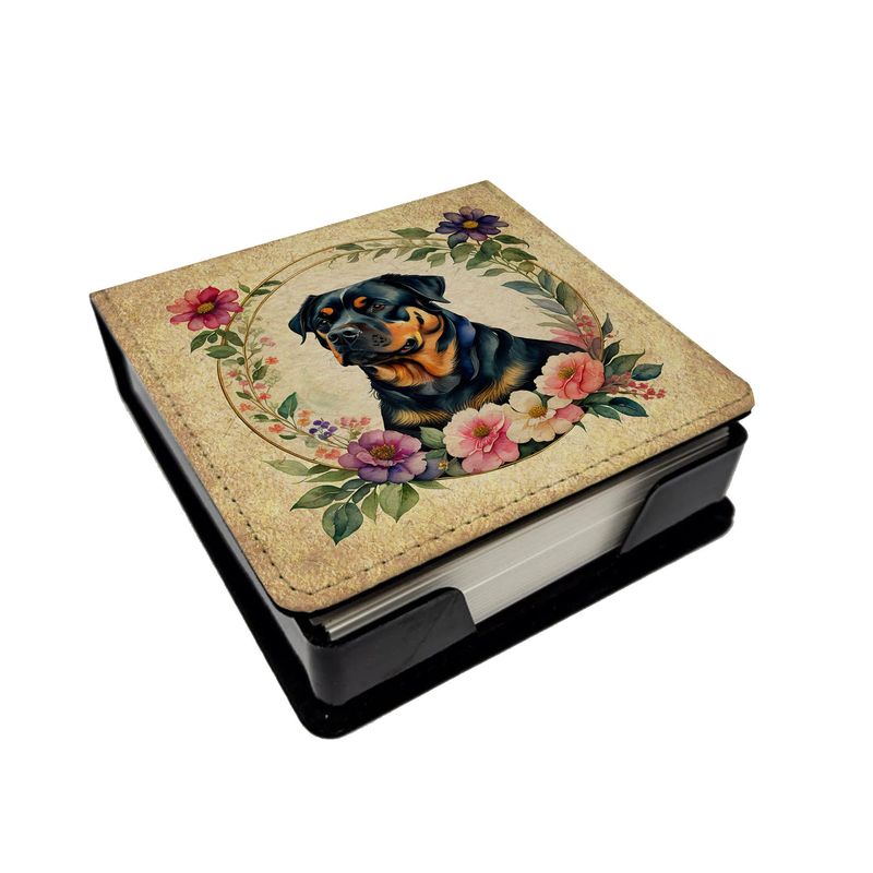 Rottweiler And Flowers PU Leather Note Paper Holder With Artist-Designed Cover, Desk Accessory, Office Gift_voghion.com