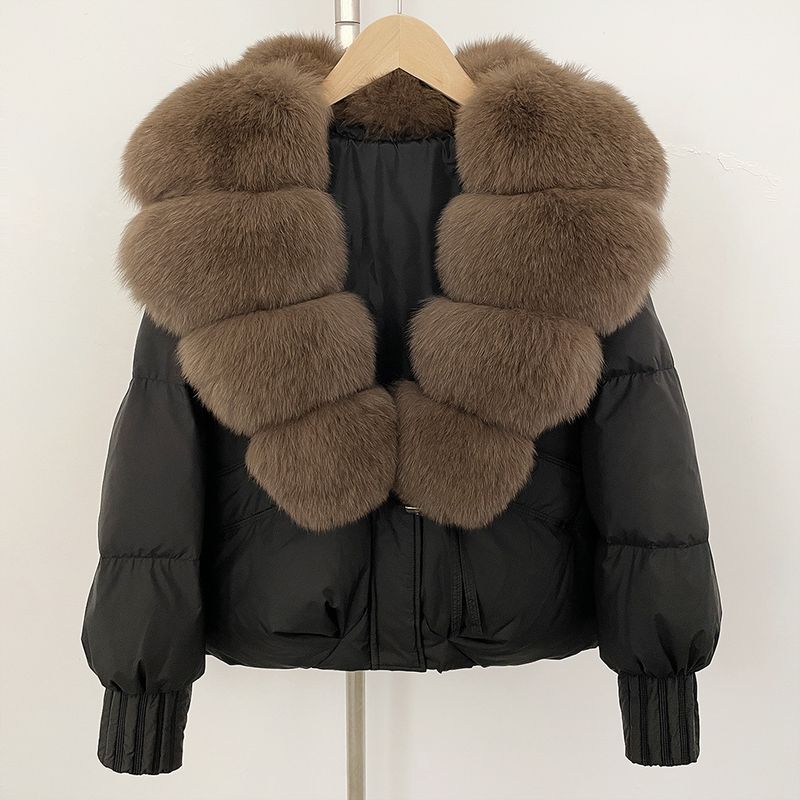 Luxury Oversized Fox Fur Trim Short Down Jacket For Women - Winter Warm Coat With Detachable Hood, 90% White Duck Down, Loose Fit, Stylish_voghion.com