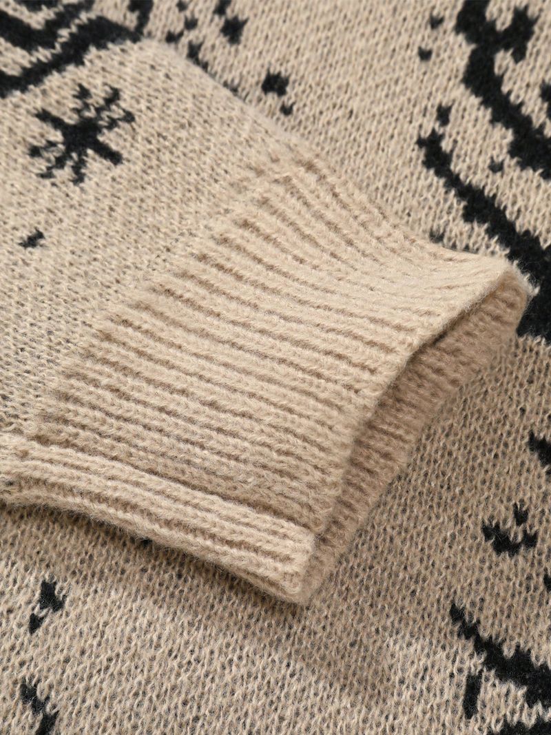 Men's Casual Knit Sweater – Relaxed Fit Crewneck With Textured Jacquard, Winter-Ready & Machine Washable (Khaki/Navy Blue)_voghion.com