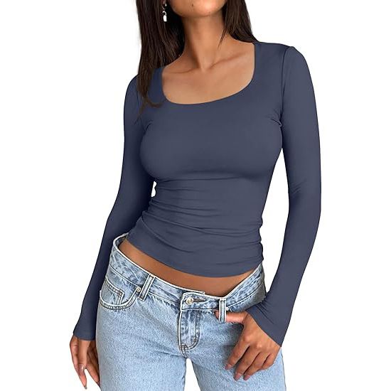 Women's Clothing Short Sleeved Independent Station Solid Color Square Collar Slim Clothing Long Sleeved T Shirt_voghion.com