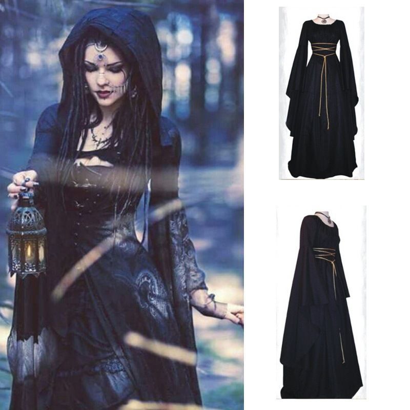 Neu Langen ärmeln Rundhals frauen Kleid Halloween Kostüm Mittelalter Robe Frauen_voghion.com