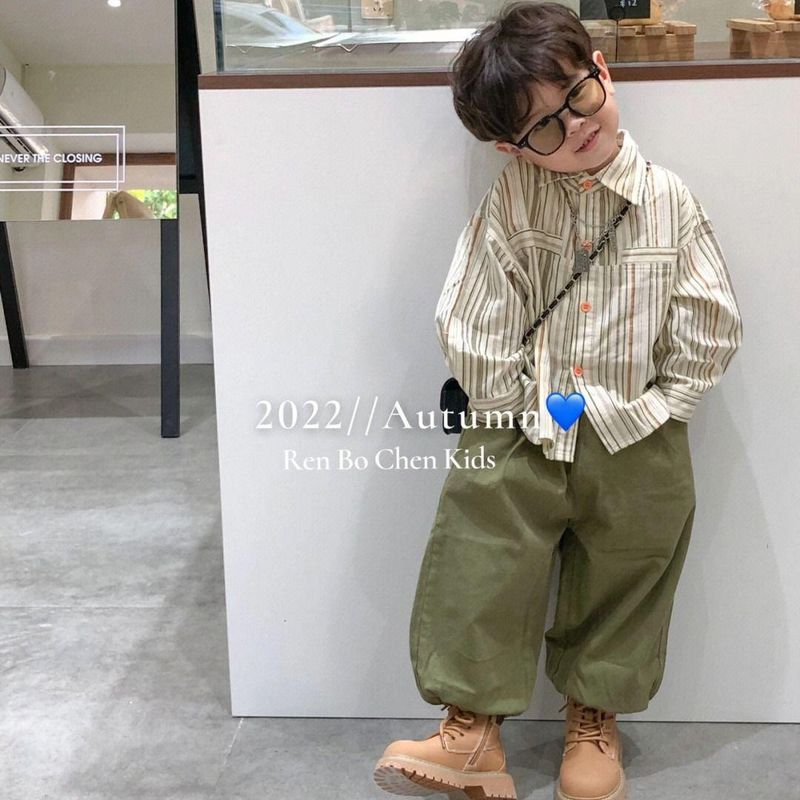 Conjunto de primavera y otoño para niño, nuevo, elegante y moderno, camisa a rayas, top, pantalones de trabajo, conjunto de dos piezas para bebé, ropa para niño_voghion.com