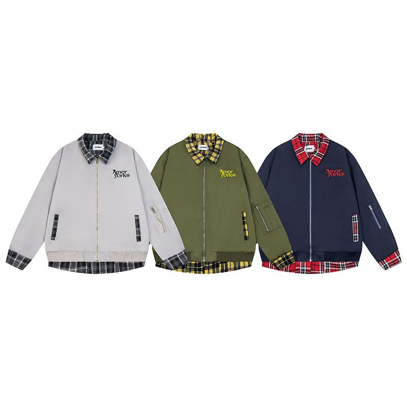 National Trend Brand Heavy Craft Design Layered Two-Piece Color-Block Plaid Zipper Oversize Cardigan Jacket_voghion.com