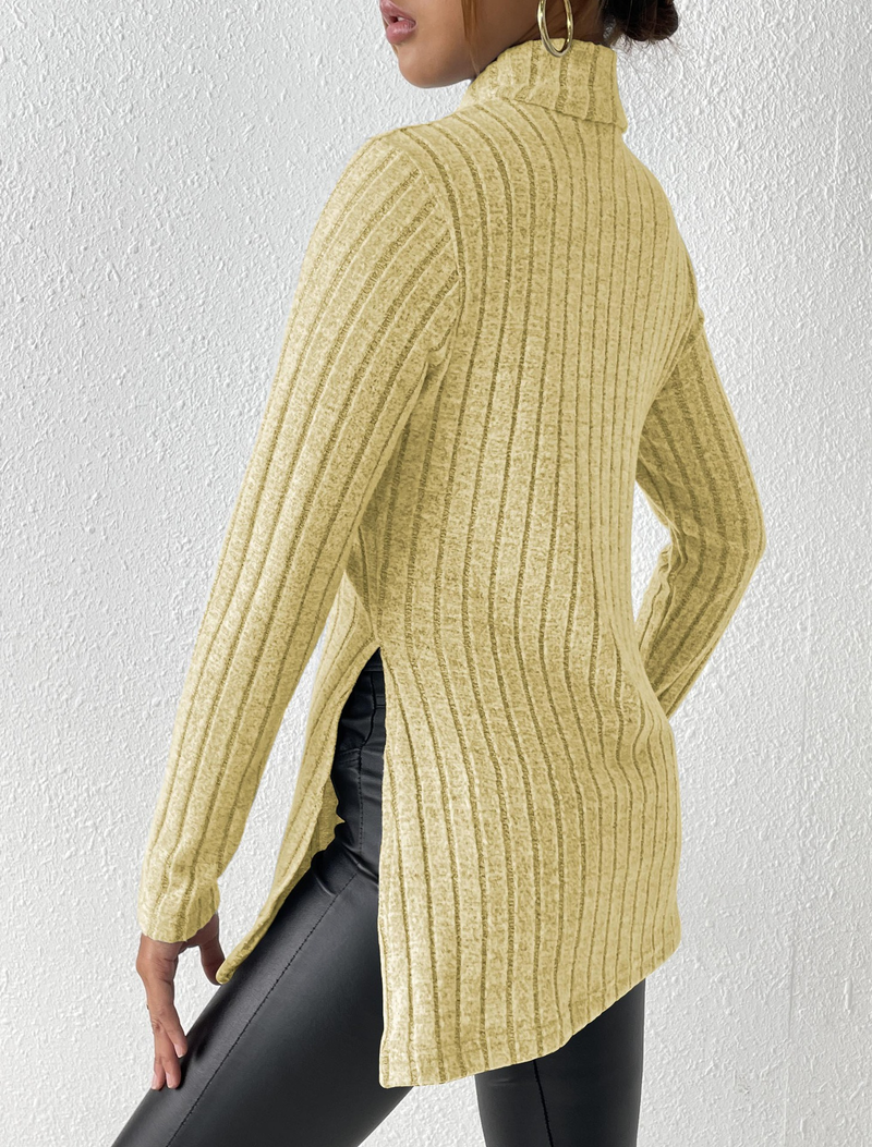 Women's turtleneck pullover slit slim-fit base pit striped medium length_voghion.com