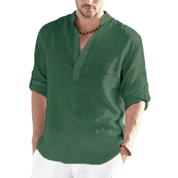Men's New linen long-sleeved T-shirt loose undershirt solid color long-sleeved cotton and linen shirt_voghion.com