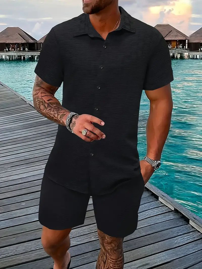 Herenkleding Zomer Jacquard Zwart Wit Effen Kleur Herenpak Korte Mouw Vakantie Casual Stijl Overhemd Shorts Tweedelig Pak_voghion.com