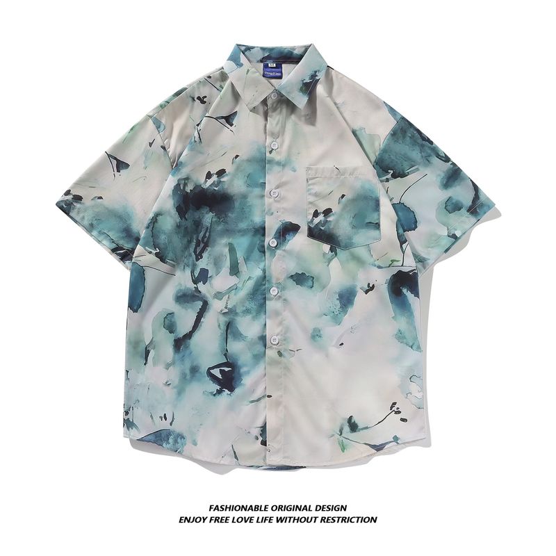 Tie-Dye Herren Kurz Sommer Dünn High-End Cool Fünfviertel Ärmel Shirt Lose Jacke Trendy_voghion.com