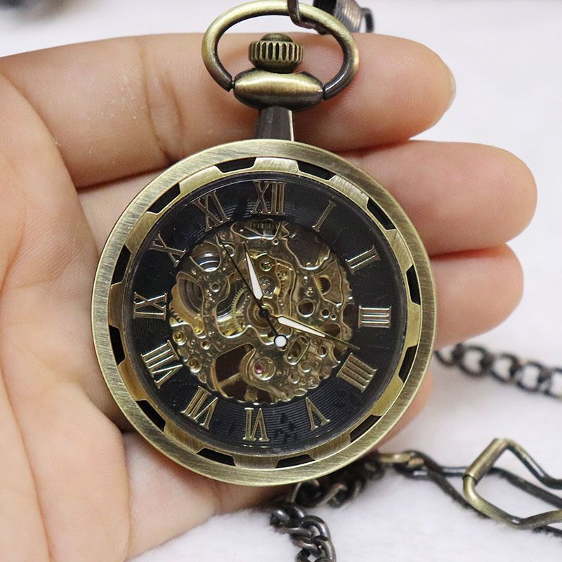 High-Value Live Roman Numeral Large Mechanical Pocket For Men And Women Without Cover Carved Hollow Chain Watch_voghion.com