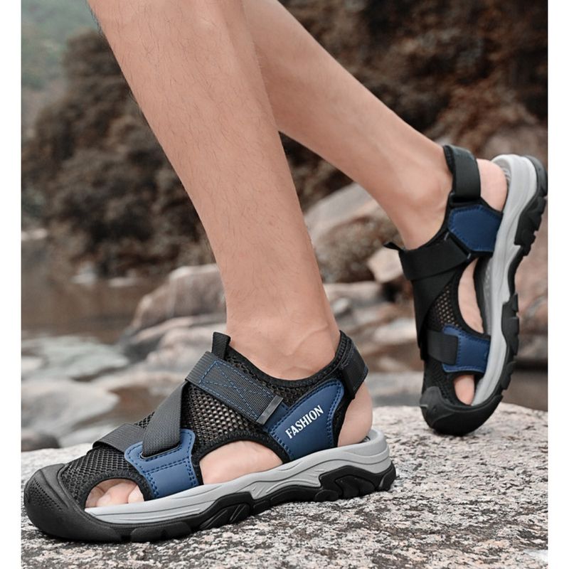 2024 Summer Men's Large Size Sandals Outdoor Beach Shoes Velcro Toe Sandals Head Layer Leather Breathable Casual Shoes_voghion.com