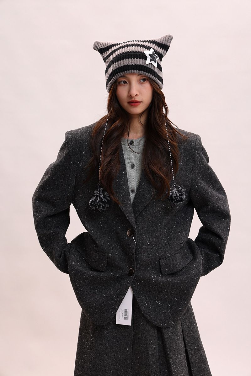 Abi-Stil handgemachte süße Fünf-Sterne-Katzenohrstreifen Dämon Wärme Abdeckung gestrickte Ball Pullover Hut weiblich_voghion.com
