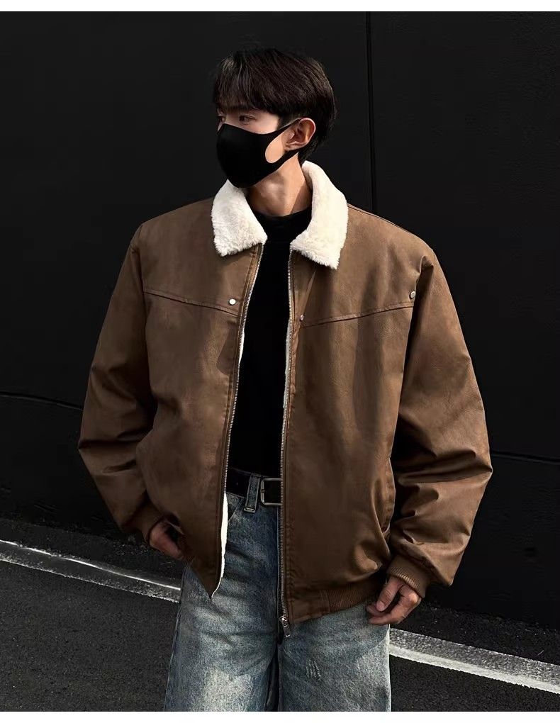 Men's Retro PU Leather Shearling Bomber Jacket, Thickened Short Puffer Coat With Stand-Up Collar, Maillard Style Vintage Aviator Jacket For Winter_voghion.com