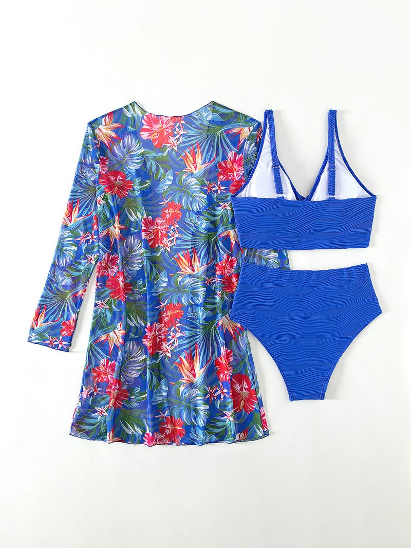 costume da bagno in tre pezzi diviso da donna a maniche lunghe bikini celebrità di Internet a vita alta tinta unita_voghion.com
