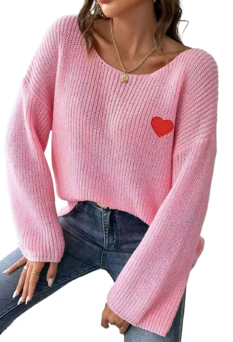 Women's Oversized Valentine's Day Love Embroidery Off-Shoulder Sweater - Cozy Casual Pullover With Heart Applique_voghion.com