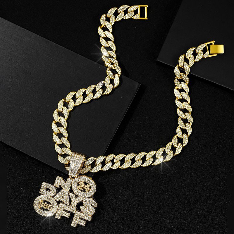 Hip Hop Letters NO DAYS OFF Necklace 24 Cuban Chain Decoration Alloy Number 365 Pendant_voghion.com
