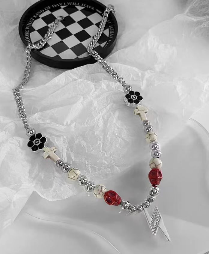 Collana con croce hip hop, personalità, ciondolo con teschio e fulmine, catena per maglione, uomo e donna, accessori in acciaio inossidabile_voghion.com