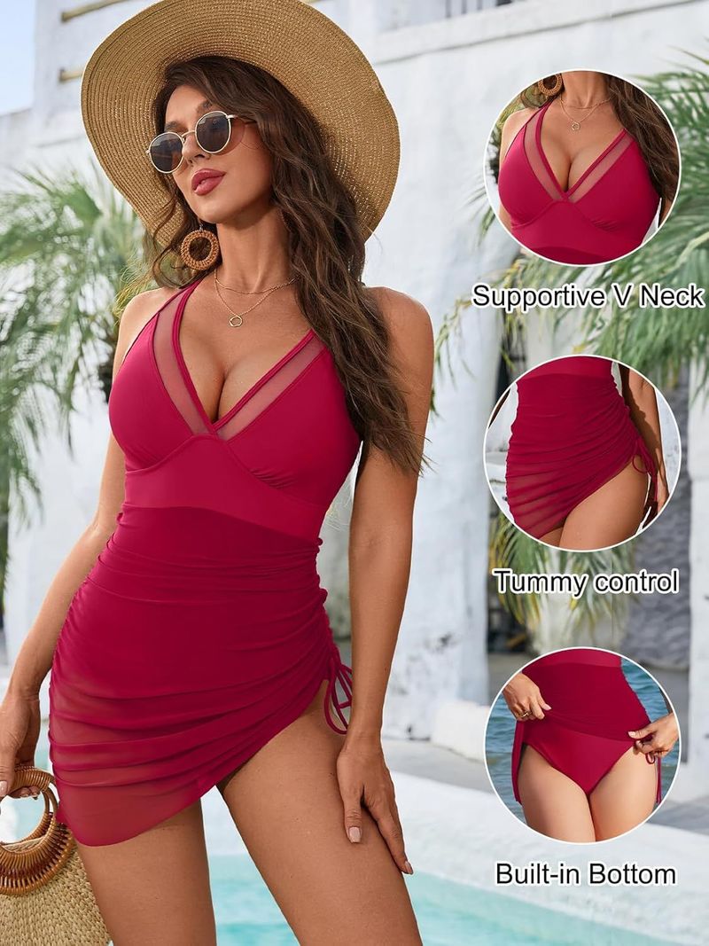 Maillot de bain une pièce sexy à bretelles et décolleté en V profond pour femme, épissure en maille, cordon de serrage latéral, dessous de verre amovible, maille fine_voghion.com