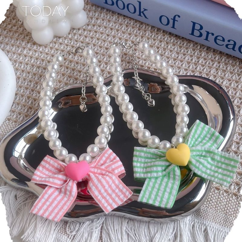 Collana di perle regolabile per cani e gatti, con fiocco in colori a contrasto, accessori per il collo degli animali domestici_voghion.com