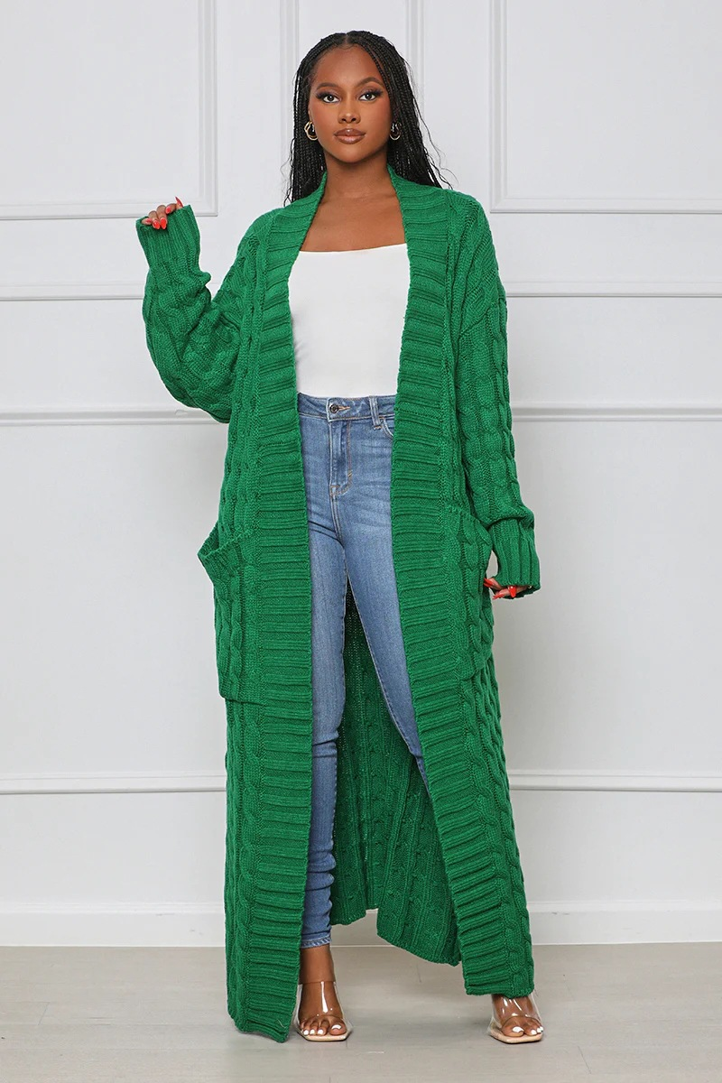 Damenbekleidung Locker gestrickte Strickjacke, gemütliche, übergroße Strickjacke mit Taschen, langer Zopfmuster-Pullovermantel, lockerer Boho-Chic, offene Vorderseite_voghion.com