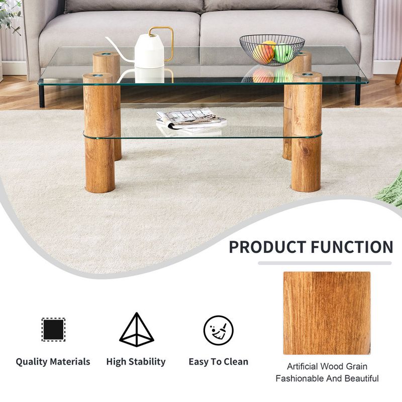 Modern minimalist double-layer transparent tempered glass coffee table and coffee table, paired with wooden MDF decorative columns. Computer desk. Gam_voghion.com