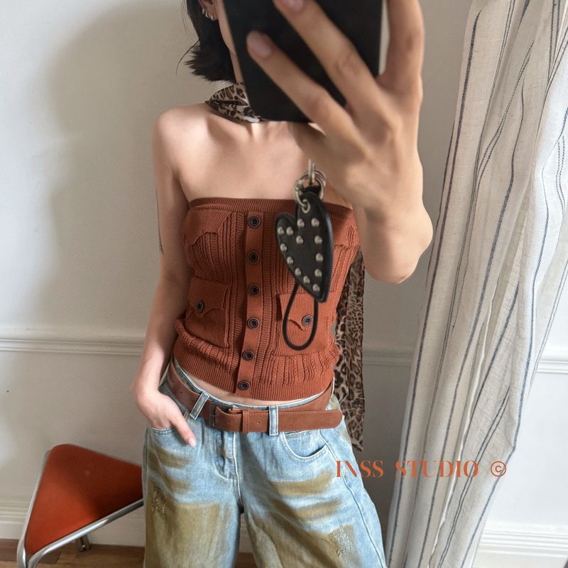 INSS Thirteen Lines Six Colors Ribbed Knit Design Pocket Slimming Base Shirt Versatile Button Pullover Tube Top_voghion.com
