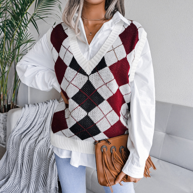 Vêtements pour femmes automne et hiver style collégial losange col en v décontracté gilet tricoté ample pull vêtements pour femmes_voghion.com