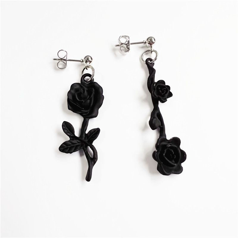 Schmuck & Accessoires Gothic Schwarz Rot Rose Asymmetrische Ohrringe_voghion.com