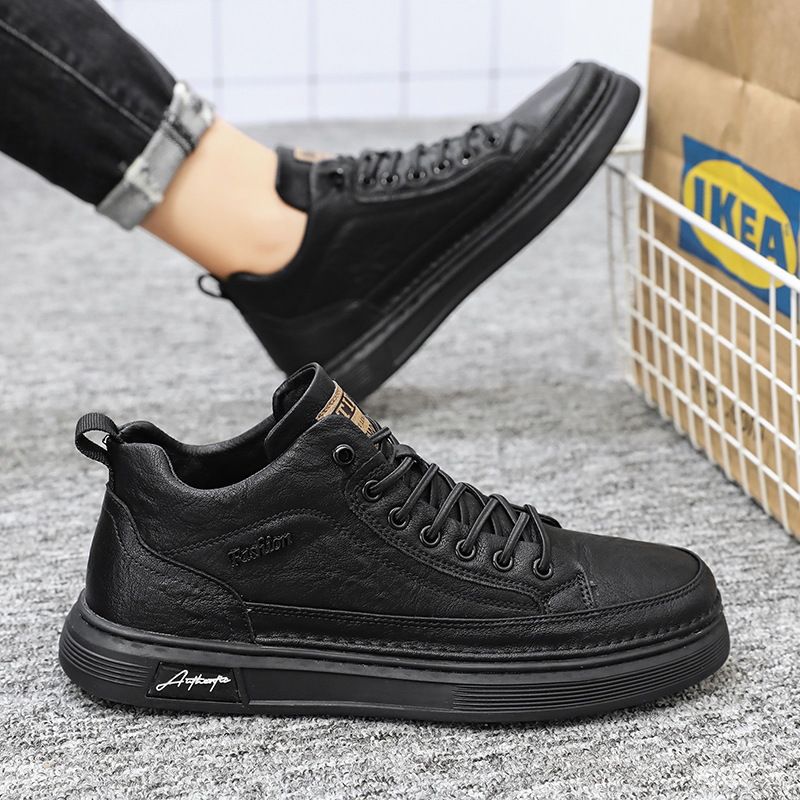 Lente Nieuwe Ademende en Antislip Chef Herenmode Veelzijdige Zwarte Leren Werk Casual Board Schoenen_voghion.com