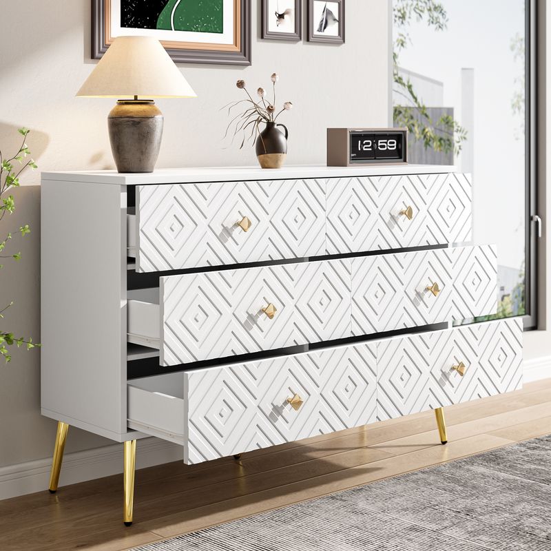 Kommode Weiß 120x80cm Mit 6 Schubladen, Gold-Akzenten Für Wohnzimmer_voghion.com