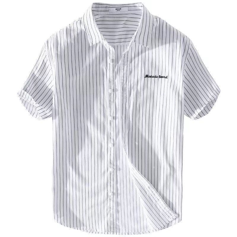 Camicia a maniche corte in lino di cotone a righe giapponesi per camicia da uomo in stile artistico sottile e versatile dell'estate 2024_voghion.com
