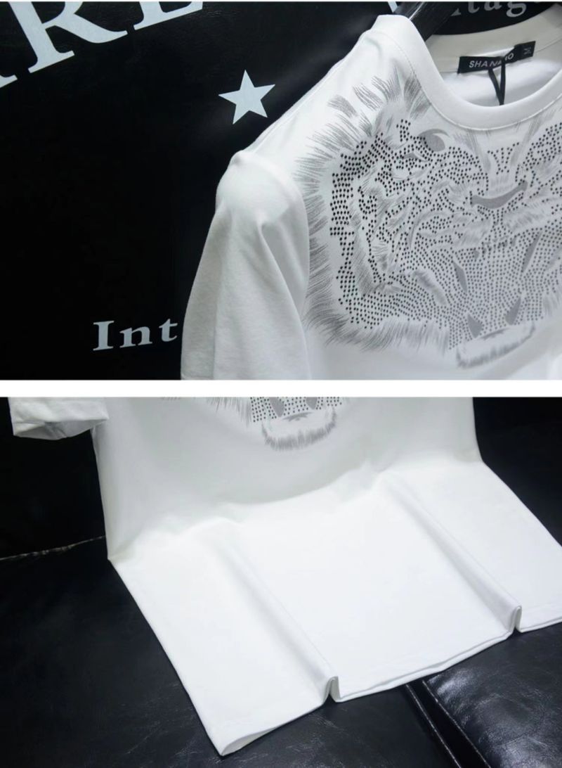 Heavy Craft Tiger Head Hot Diamond Printed Short sleeved T-shirt for Summer Casual Round Neck Men's_voghion.com