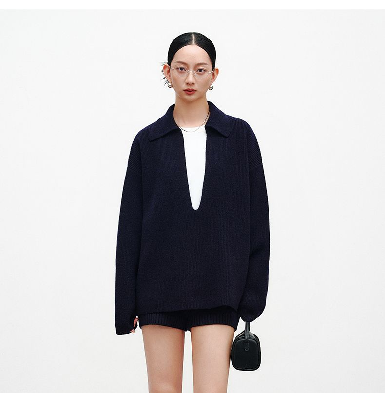Maglione corto con scollo a V in stile pigro in lana per donna, top lavorato a maglia casual alla moda autunno 2025_voghion.com
