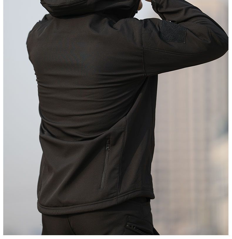 Giacca softshell tattica per gli amanti delle attività all'aria aperta, impermeabile, calda, foderata in pile, con cappuccio da combattimento militare, motivo mimetico effetto pelle di squalo._voghion.com