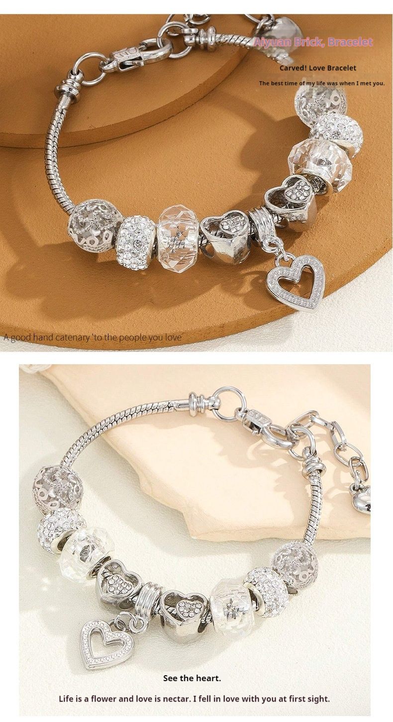 Kristal met holle hart en diamant inleg DIY handgemaakte grote gat kralen afneembare armband_voghion.com