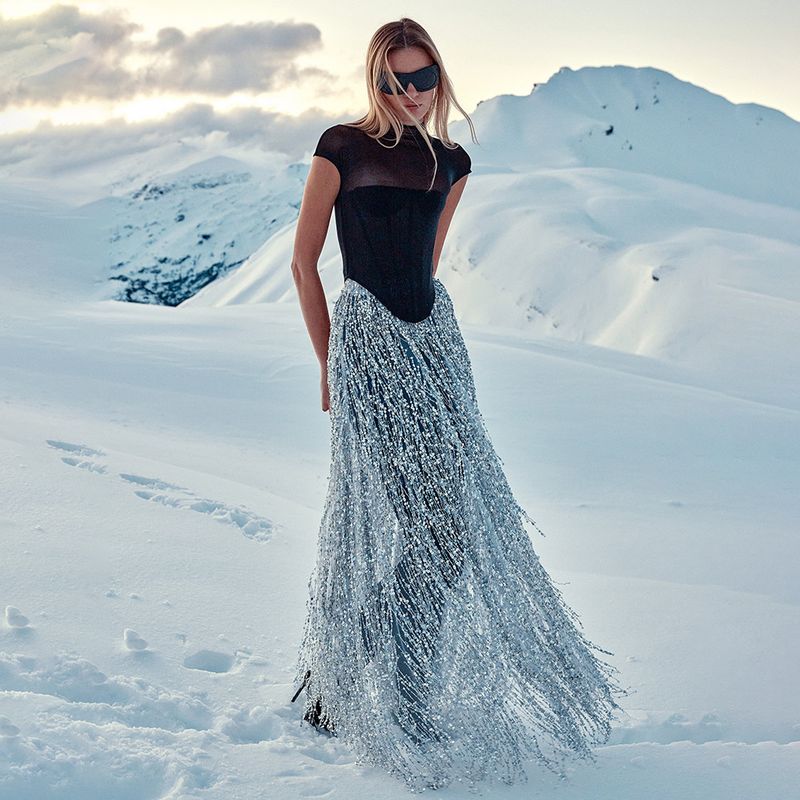 Summer New Style Sheer Top Tassel Sequin Long High Waist Half Skirt Two-Piece Women's Fashion Set_voghion.com