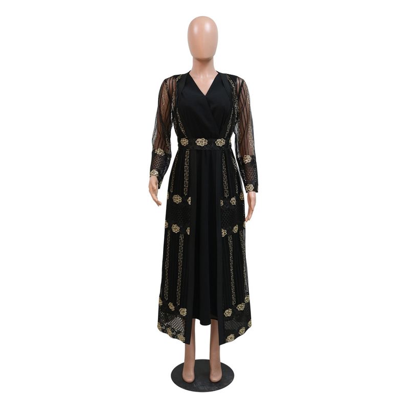 New Muslim Embroidered Mesh Jacket With Chiffon Vest Skirt Suit Kaftan Dress_voghion.com