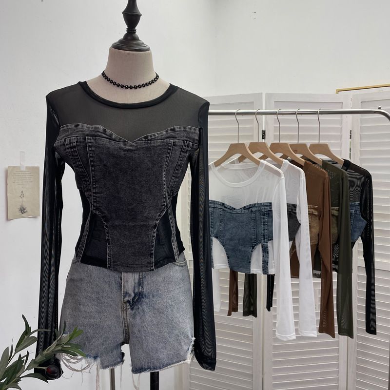 Damenbekleidung Mädchen Design Mesh Splicing Denim Top Langarm Bottoming Shirt Schlankes kurzes Nischen-T-Shirt_voghion.com
