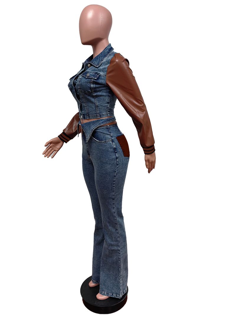 Dametøj Denim Suit Læder U Denim Stitching Stretch Bukser _voghion.com