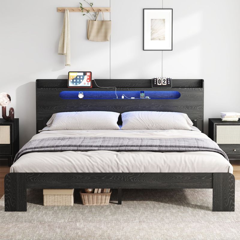 Bed Frame King Size, Wood Platform Bed Frame With Storage LED Light Headboard And 2 USB , Noise Free,No Box Spring Needed And Easy Assembly Tool,Large Under Bed Storage,Black_voghion.com