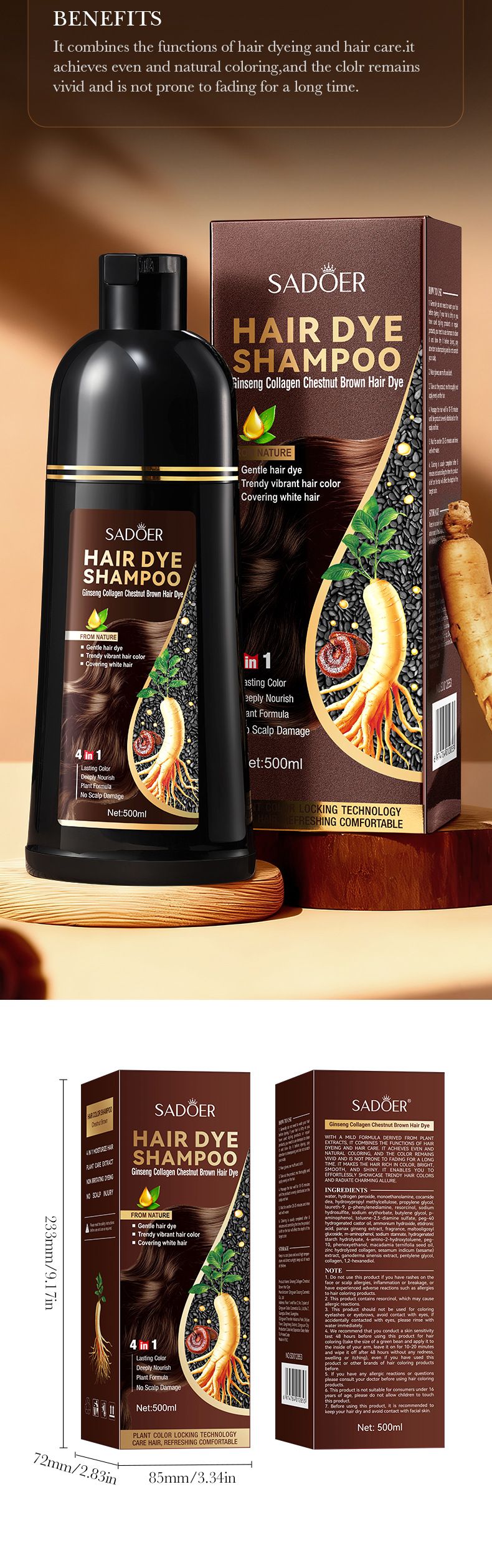 Tinte de jengibre y ginseng (500 ml), producto natural para el cuidado de la piel de color castaño oscuro._voghion.com