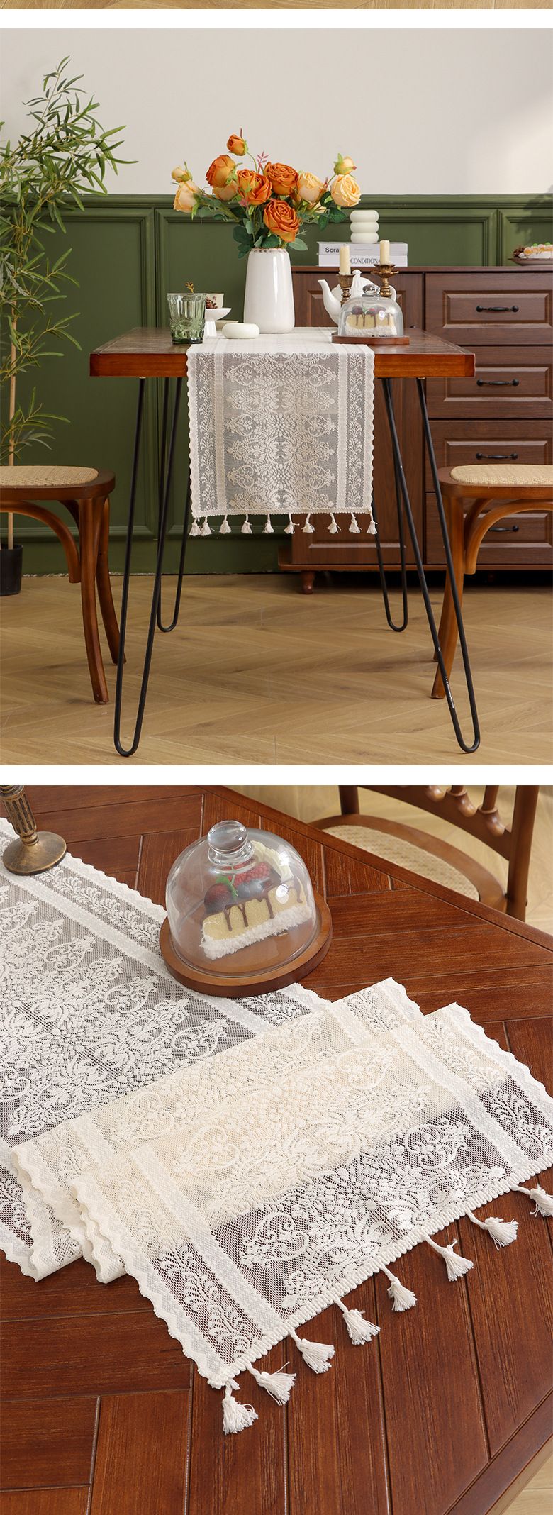 Bandiera da tavolo in pizzo cavo retrò, tavolino da caffè, mobile TV, tavolo da pranzo, uncinetto, copertura pastorale, nappa, cotone_voghion.com