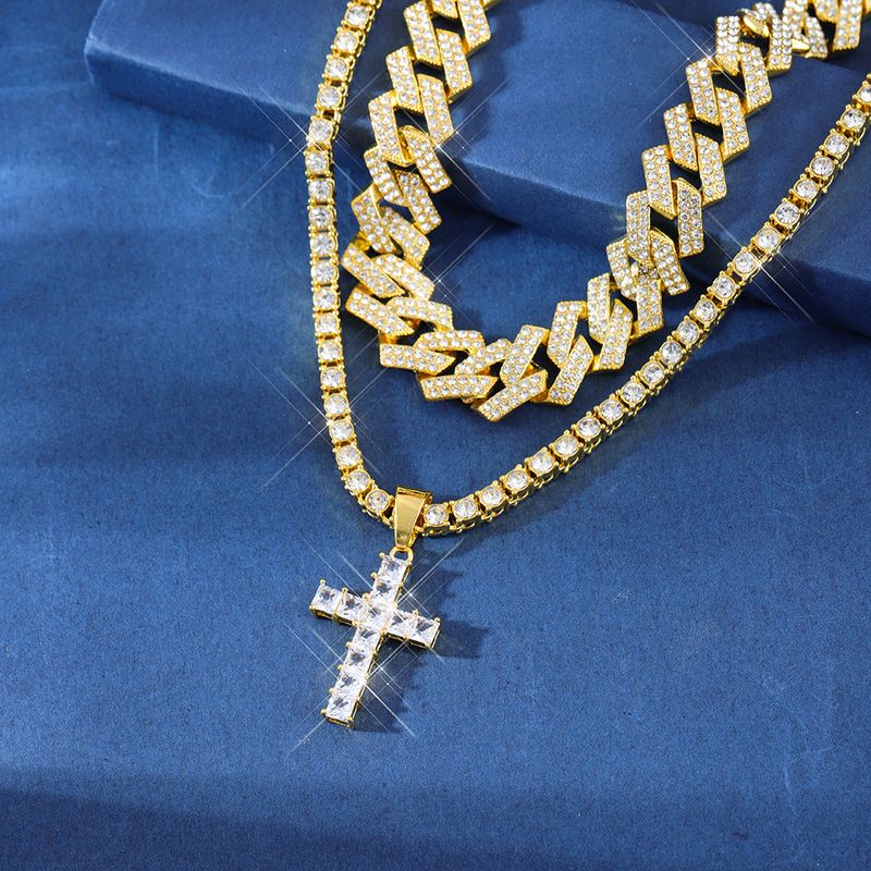 Pendentif croix diamant alliage chaîne cubaine chaîne à une rangée ensemble d'accessoires pour tous les colliers hip hop_voghion.com