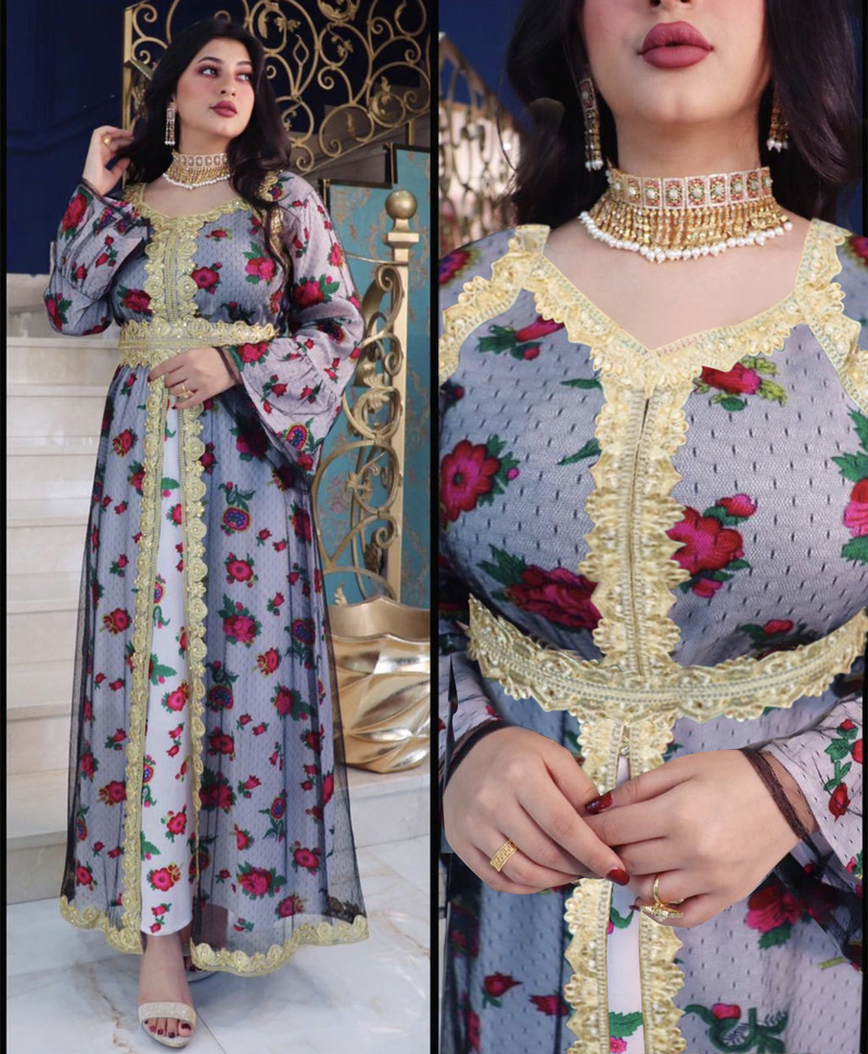 Damkläder tryck broderi spets mesh klänning dubai muslimska muslimska kvinnor_voghion.com