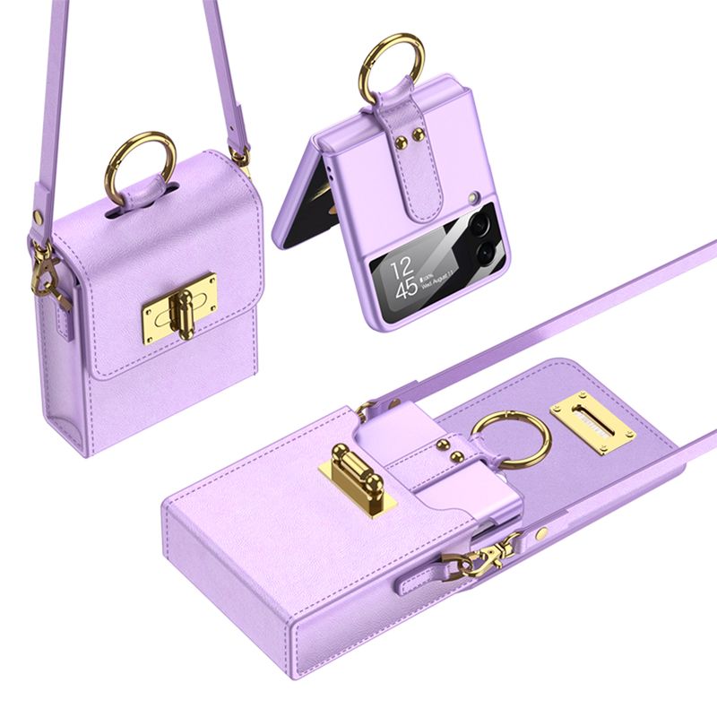 Mini Shoulder For Samsung Galaxy Z Flip 3 4 5G Plain Leather Chain Lanyard Phone Bag With Ultra Thin Ring_voghion.com