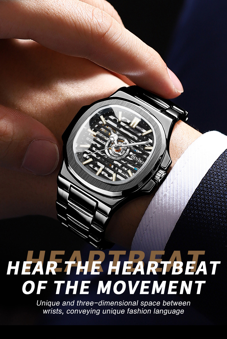 Montre homme d'affaires avec bracelet en acier inoxydable, aiguilles lumineuses, cadran squelette, mouvement automatique, étanche._voghion.com