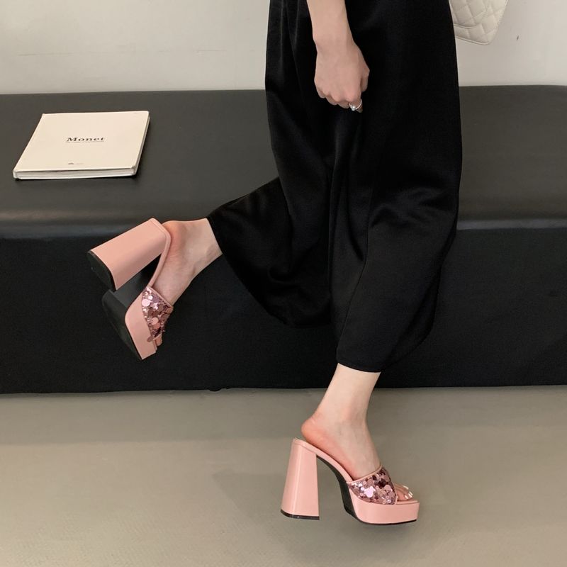 2025 Summer High Heel Slippers, Outdoor Sequins Thick Heel Waterproof Platform Square Open Toe Sandals_voghion.com