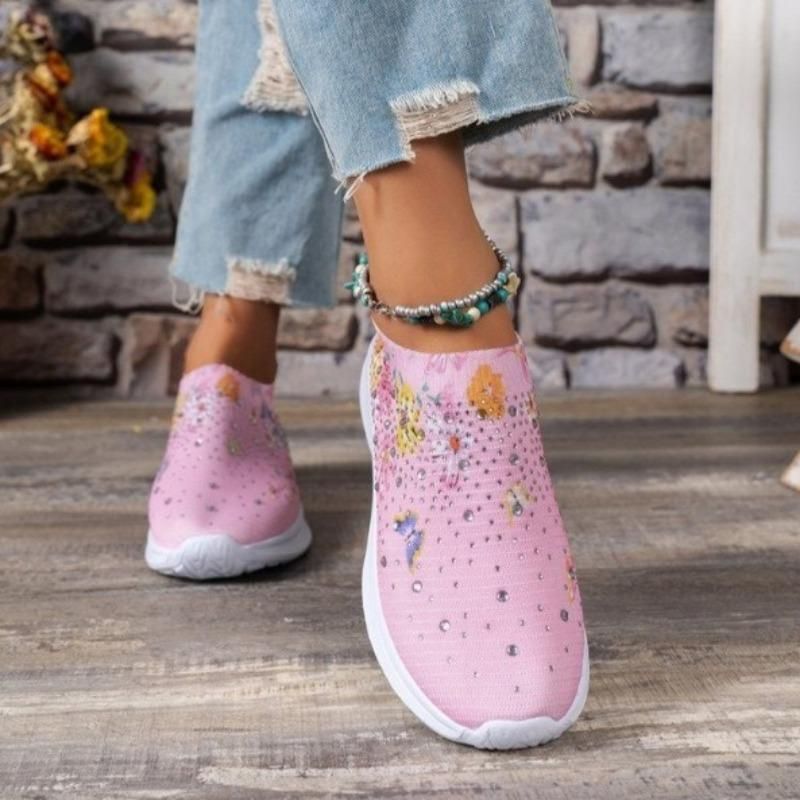 Sneakers slip-on da donna CMY con decorazioni in strass e stampa floreale e a farfalla - Scarpe da corsa traspiranti in maglia_voghion.com