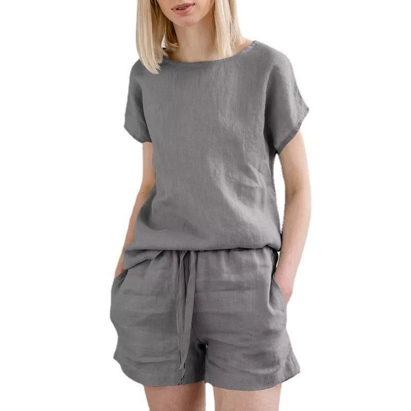 Tuta da donna con maniche corte, in cotone e lino, stile retrò, casual, tinta unita, con coulisse e pantaloncini._voghion.com