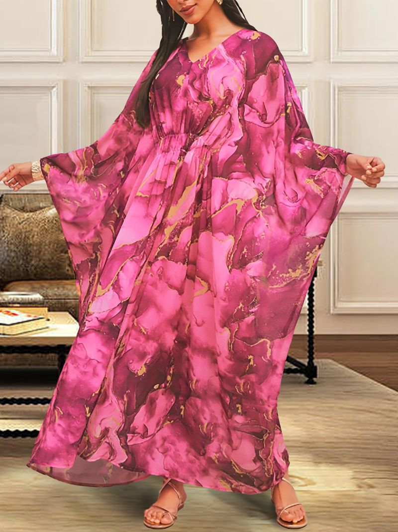 Elegante abito lungo musulmano con scollo a V e stampa floreale per donna - Abito lungo ampio e modesto con maniche a pipistrello (rosso rosa)_voghion.com